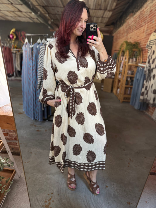 Leaf Print Belted Midi Dress