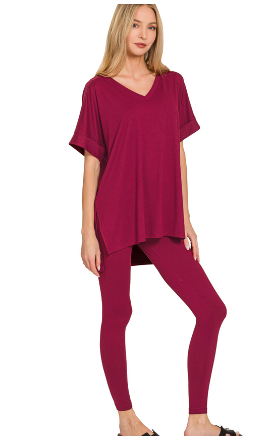Loungewear Short Sleeve Legging Set - Cabernet