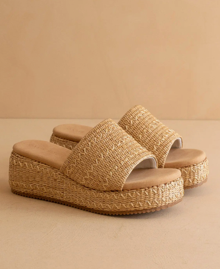 The Taniya | Toffee Embroidered Raffia Platform Slide