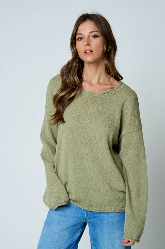 TEXTURED RAW EDGE LONG SLEEVE KNIT SWEATER: OLIVE