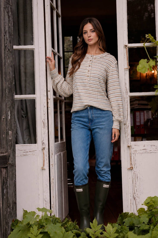 MULTICOLOR STRIPE LONG SLEEVE YOKE DETAIL KNIT TOP: LIGHT BLUE