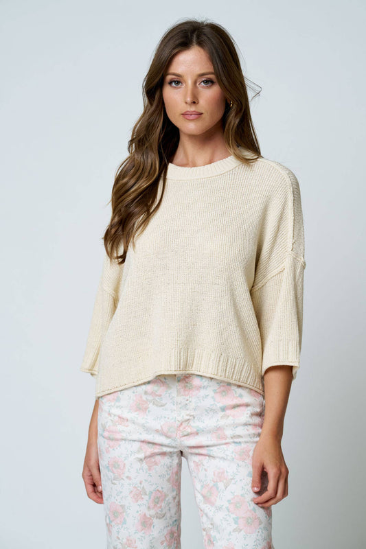 CREW NECK DROP SHOULDER RAW EDGE KNIT TOP: NATURAL