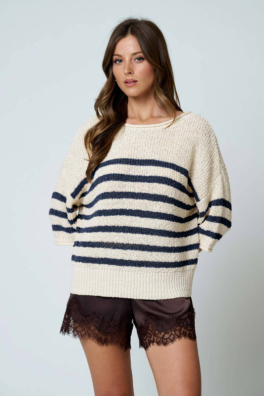 STRIPE TEXTURED KNIT HALF SLEEVE KNIT SWEATER (PRE-ORDER): NAVY