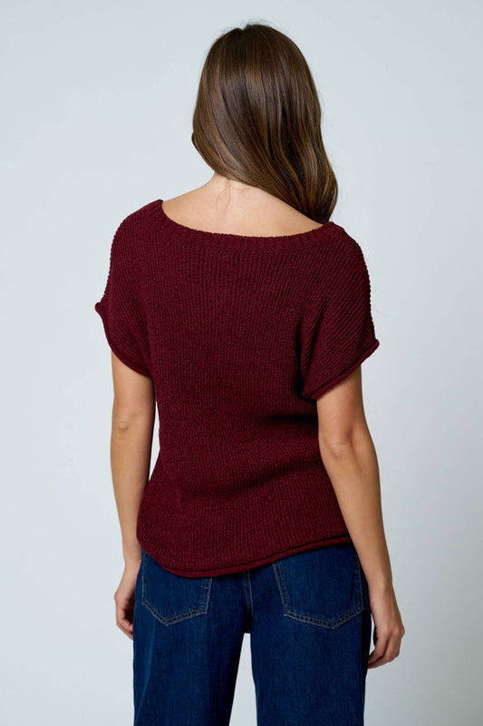 CREW NECK RAW SLEEVE RELAXED SWEATER KNIT TOP: BURGUNDY