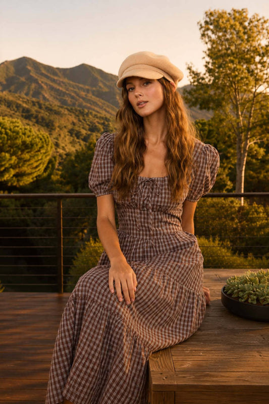 PLAID PUFF SLEEVE CORSET DETAIL TIERED MIDI DRESS : MOCHA
